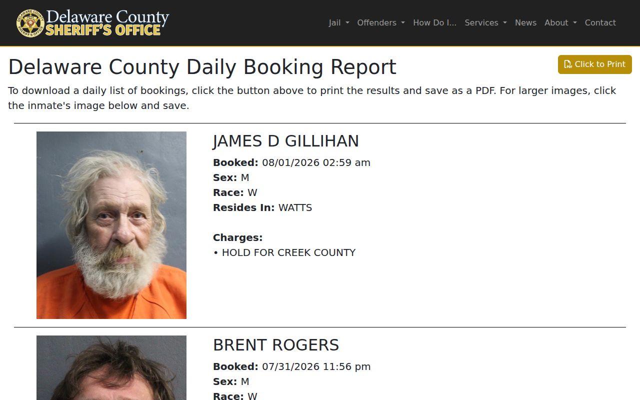 Delaware County daily booking report that is not a 24-hour release list