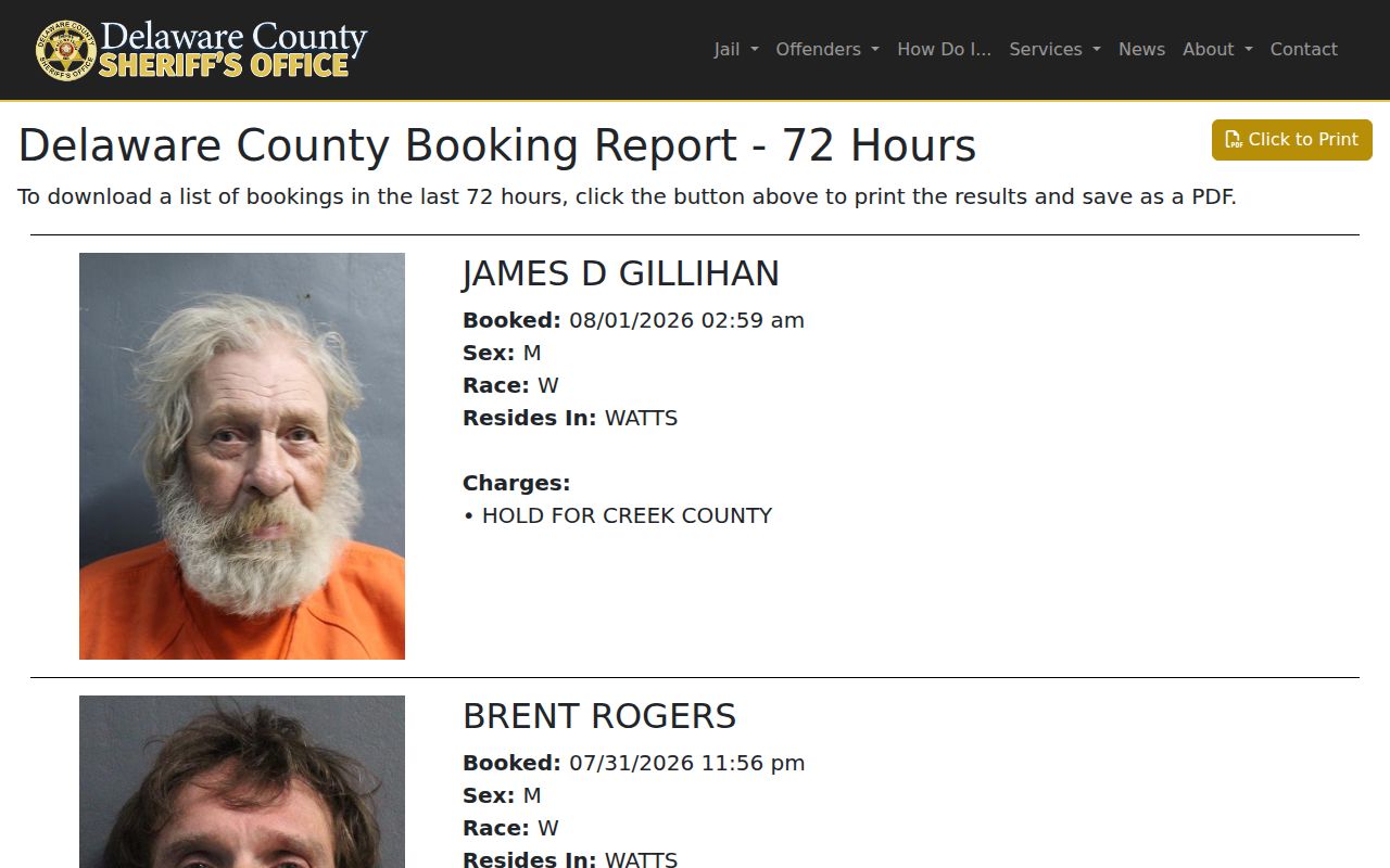 Delaware County 72 Hour Booking Report that is not a release list